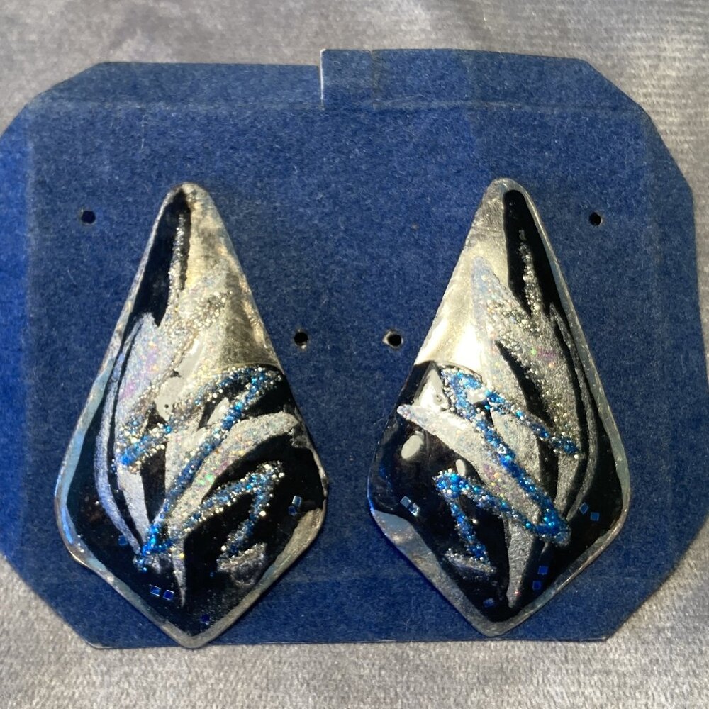 Sparkling Black Blue & Silver Glitter Earrings - Vintage